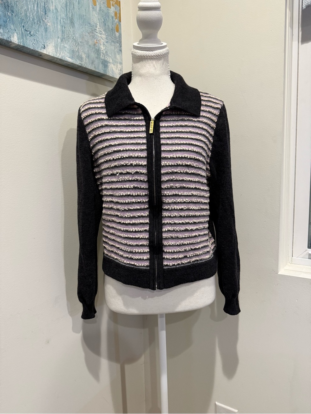 Vintage St John Sport Knit Zip Jacket Lavender Stripe Collared Y2K Sweater S